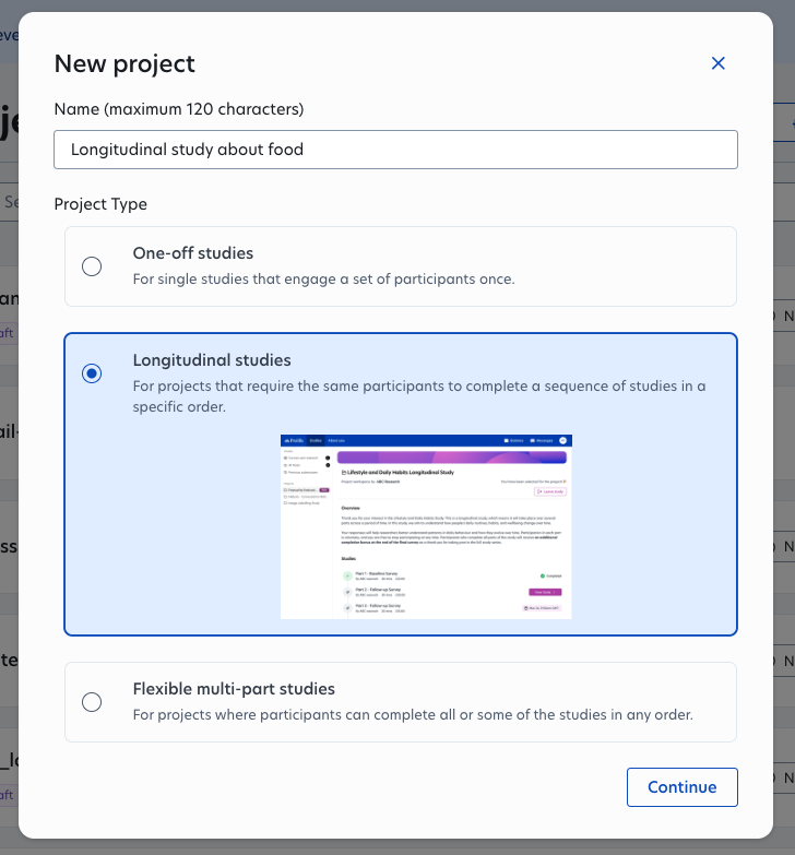 Selecting a longitudinal project on Prolific